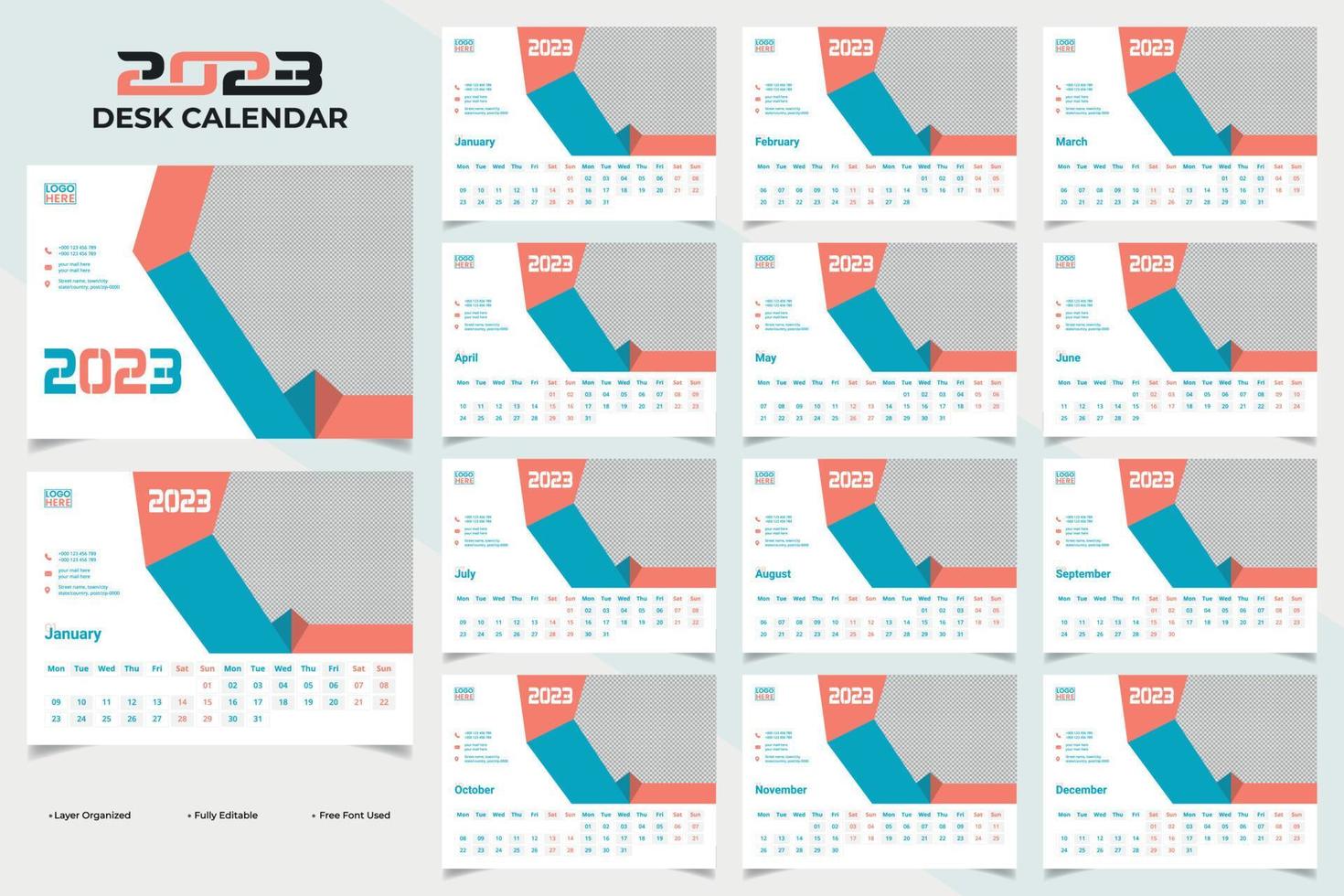 modernes und farbenfrohes abstraktes neujahr 2023 schreibtischkalender-vorlagendesign vektor