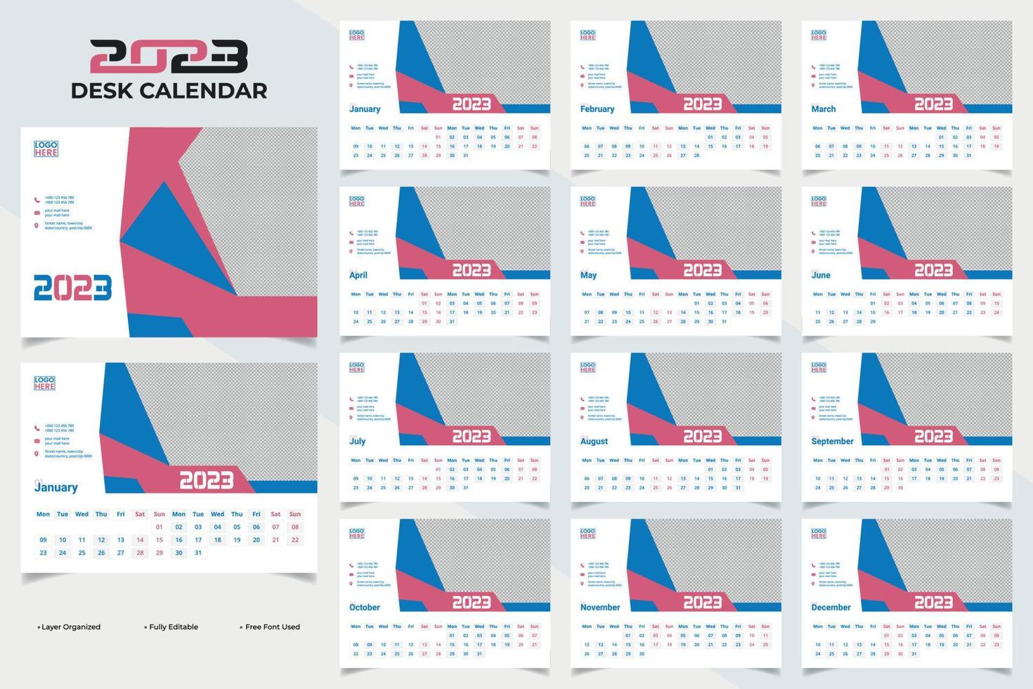 modernes und farbenfrohes abstraktes neujahr 2023 schreibtischkalender-vorlagendesign vektor