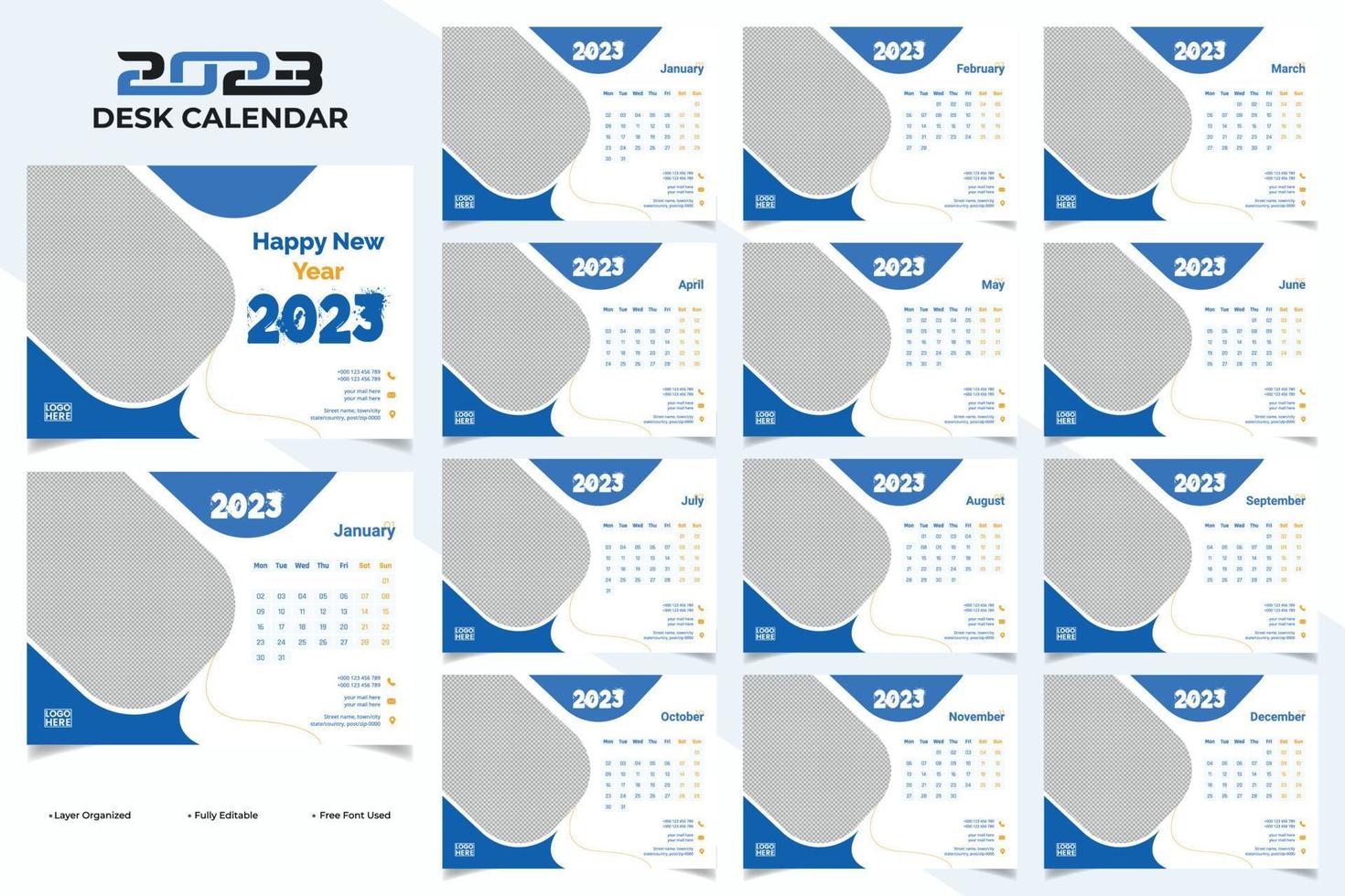 modernes und sauberes firmenneujahr 2023 schreibtischkalendervorlagendesign vektor