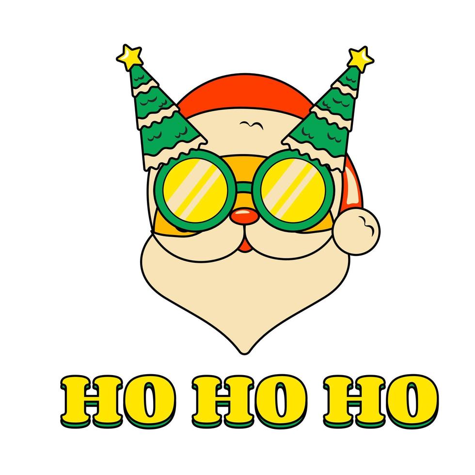 süßer weihnachtsmann in sonnenbrille mit weihnachtsbaum, der text ho ho ho dekoratives element im retro-groove-stil hält vektor