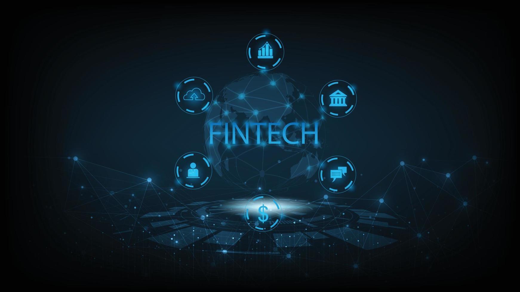 finanztechnologiekonzept und geschäftsweltklasse design.icon fintech und dinge auf dunkelblauem technologiehintergrund repräsentieren die verbindung finanztechnologie, bankwesen und geschäftsweltklasse. vektor