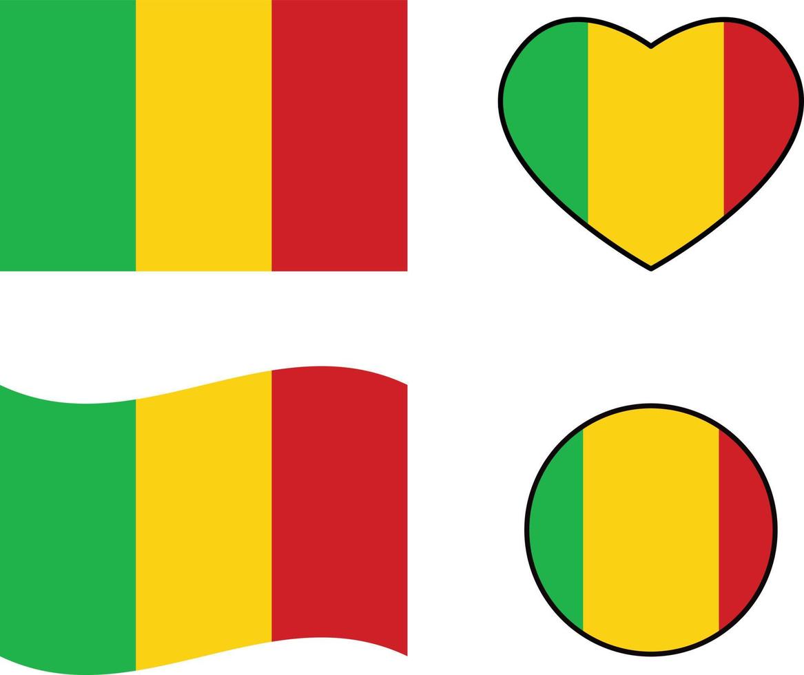 wehende Flagge der Post. mali-flagge auf weißem hintergrund. Mali-Flagge in Herzform. flacher Stil. vektor