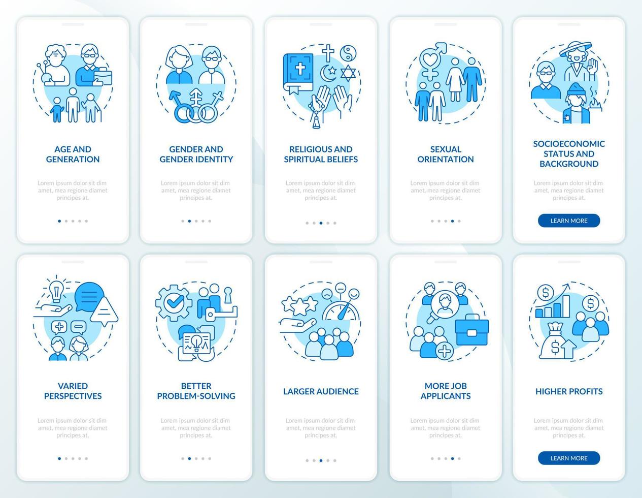 mångfald och inkludering blå onboarding mobil app skärm uppsättning. genomgång 5 steg redigerbar grafisk instruktioner med linjär begrepp. ui, ux, gui mall. vektor