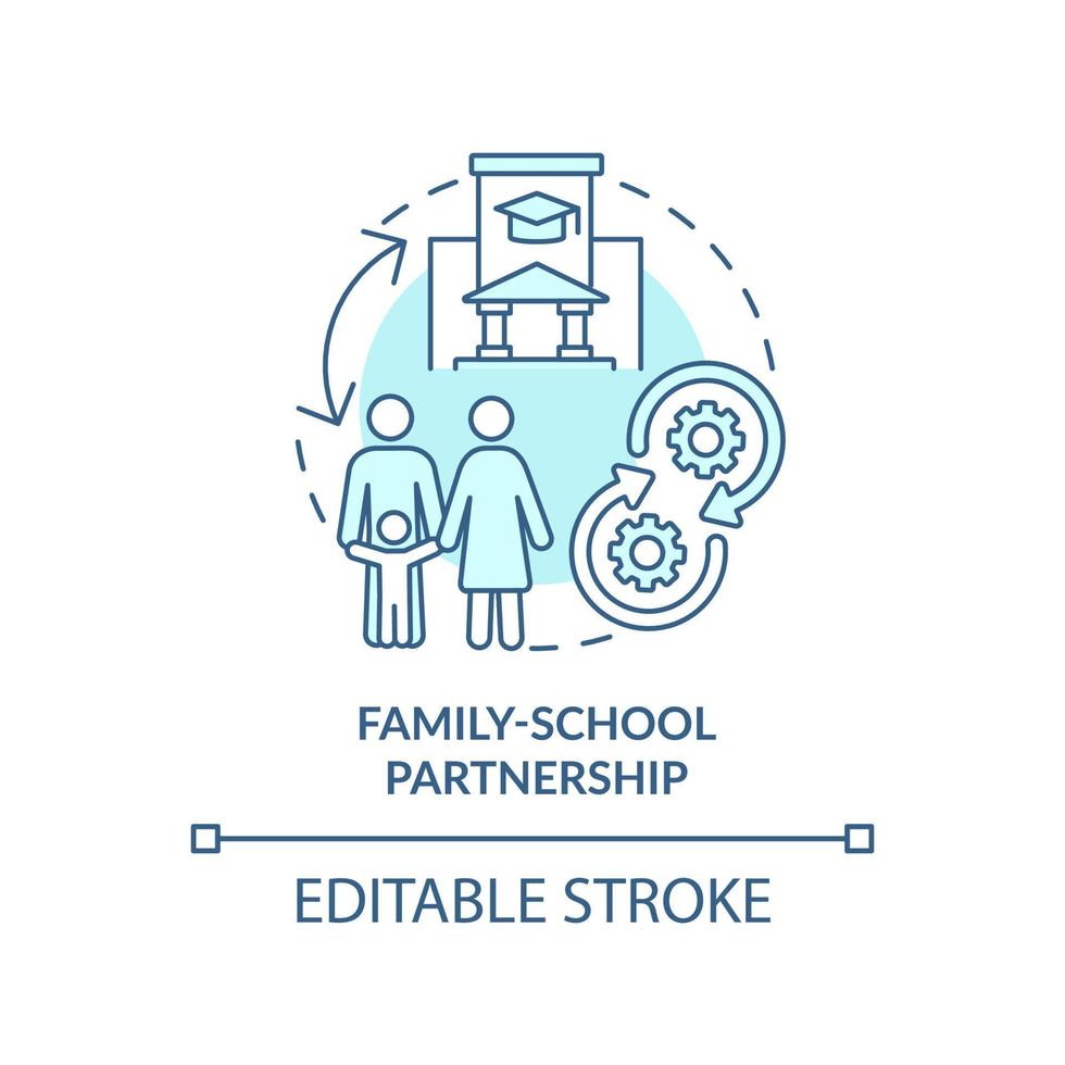 familjeskola partnerskap turkos begrepp ikon. Framgång av inklusive klassrum abstrakt aning tunn linje illustration. isolerat översikt teckning. redigerbar stroke. vektor