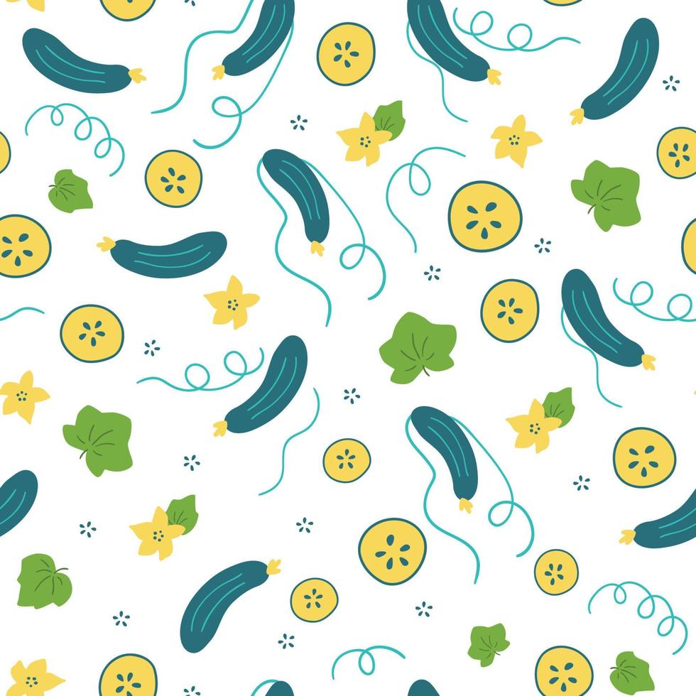 gurka mönster med gurka skivor, växt, blommor, löv. trädgård grönsaker sömlös textur på vit bakgrund. friska mat eller kosmetisk ingrediens mönster. vektor illustration.