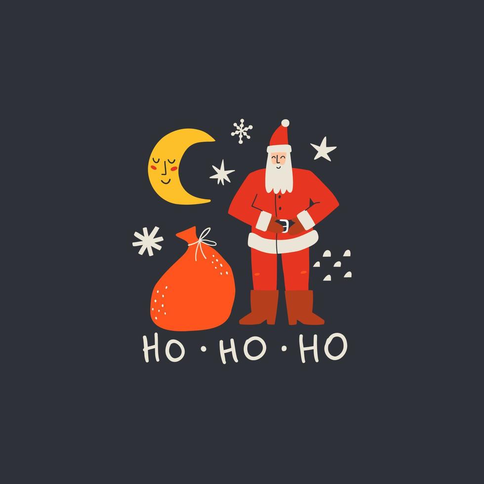 santa med jul gåvor, måne och stjärnor. jul natt vektor platt illustration