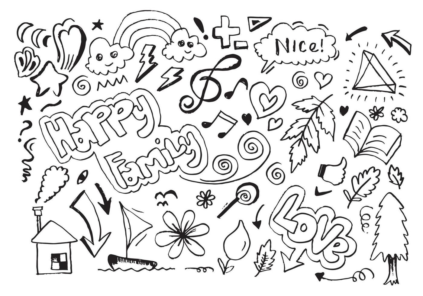 handgezeichnetes süßes gekritzelset auf weißem hintergrund. doodle design elements.doodle kinder für dekoration und farbseite. vektor