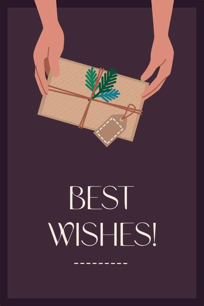 Weihnachtskarte mit einem Geschenk in den Händen im flachen Stil und den besten Wünschen vektor