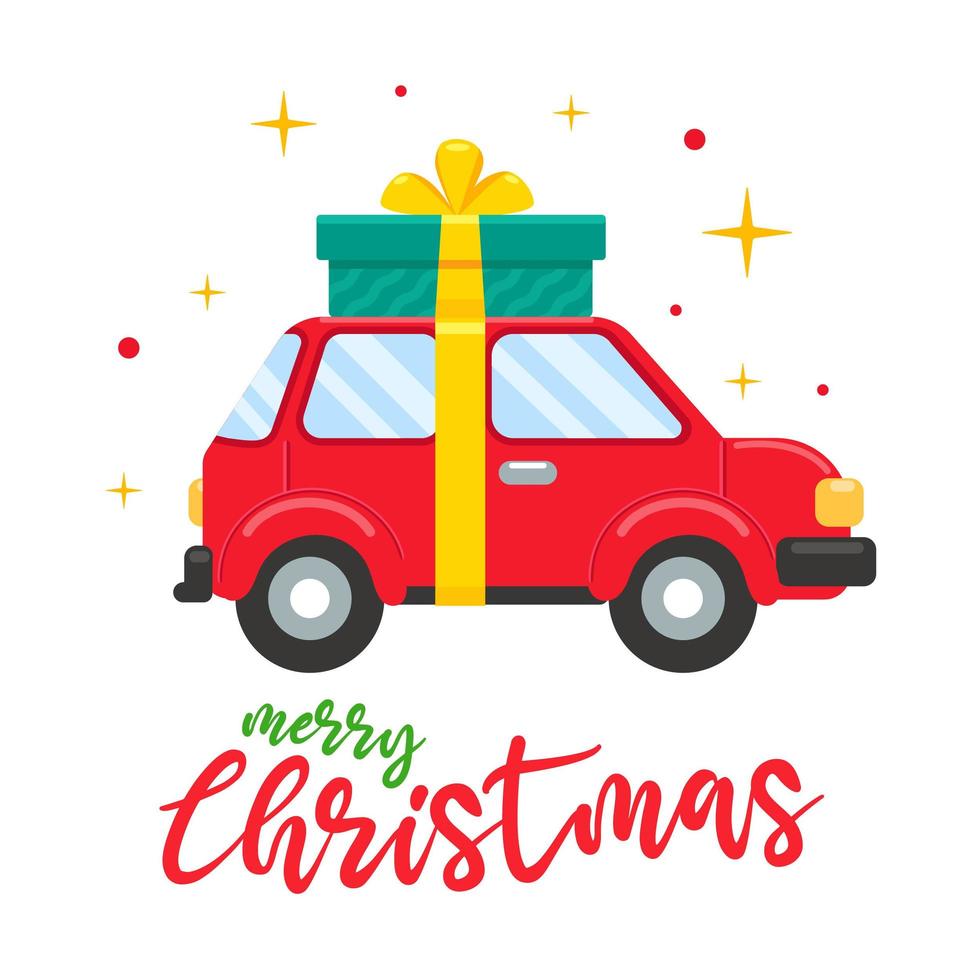 rotes Auto am Weihnachtstag mit großer Geschenkbox vektor