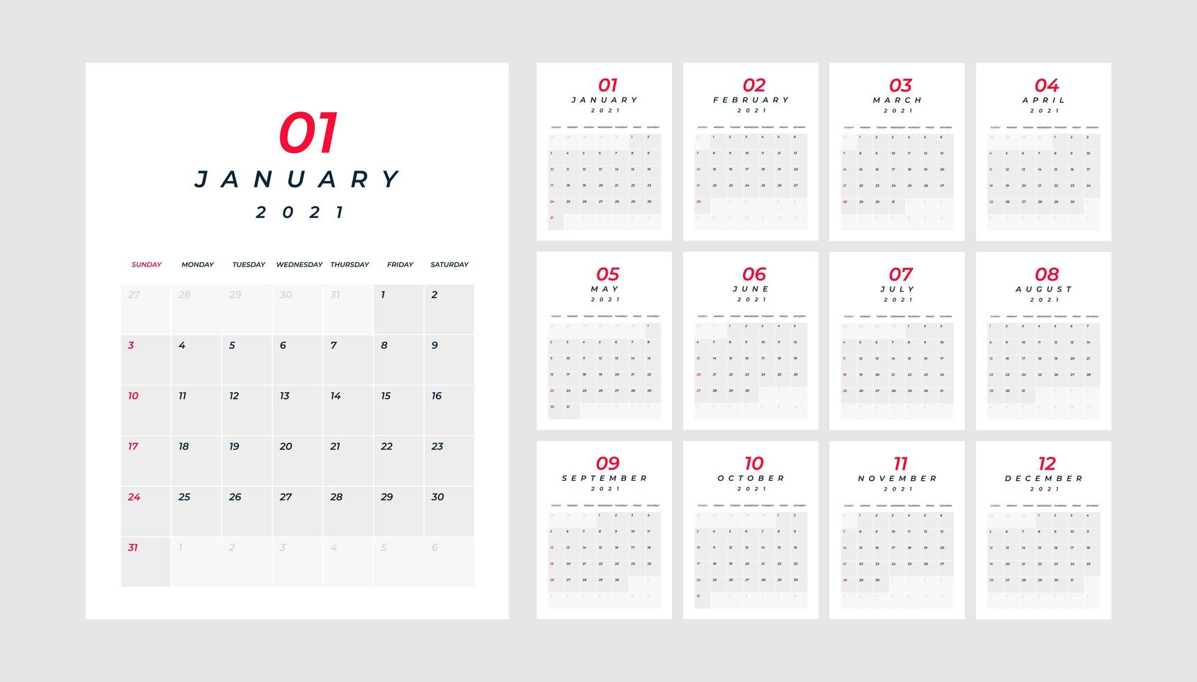 kalender 2021, 12 månader i rent minimaltabell vektor