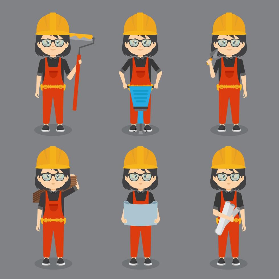 flicka byggnadsarbetare med olika aktiviteter vektor