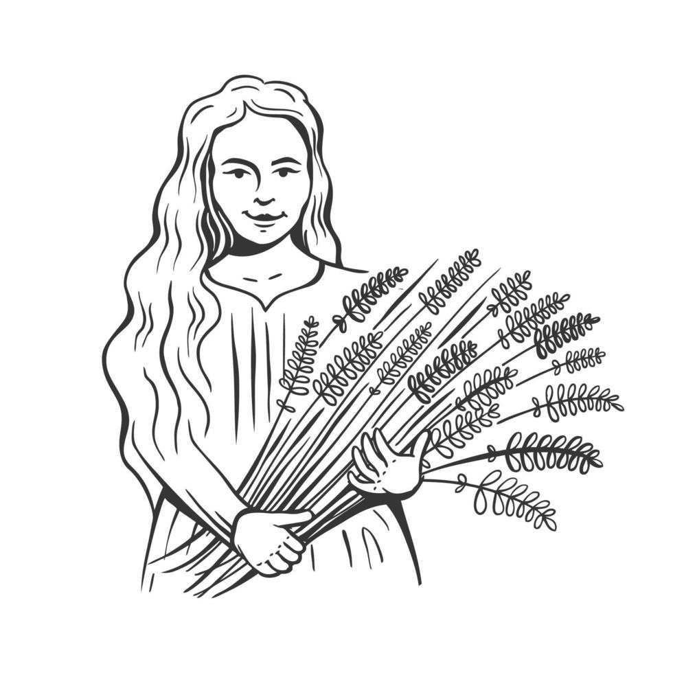 en ung by flicka innehar spikelets av vete eller råg. en kvinna innehar en skörda. hand gravyr stil vektor