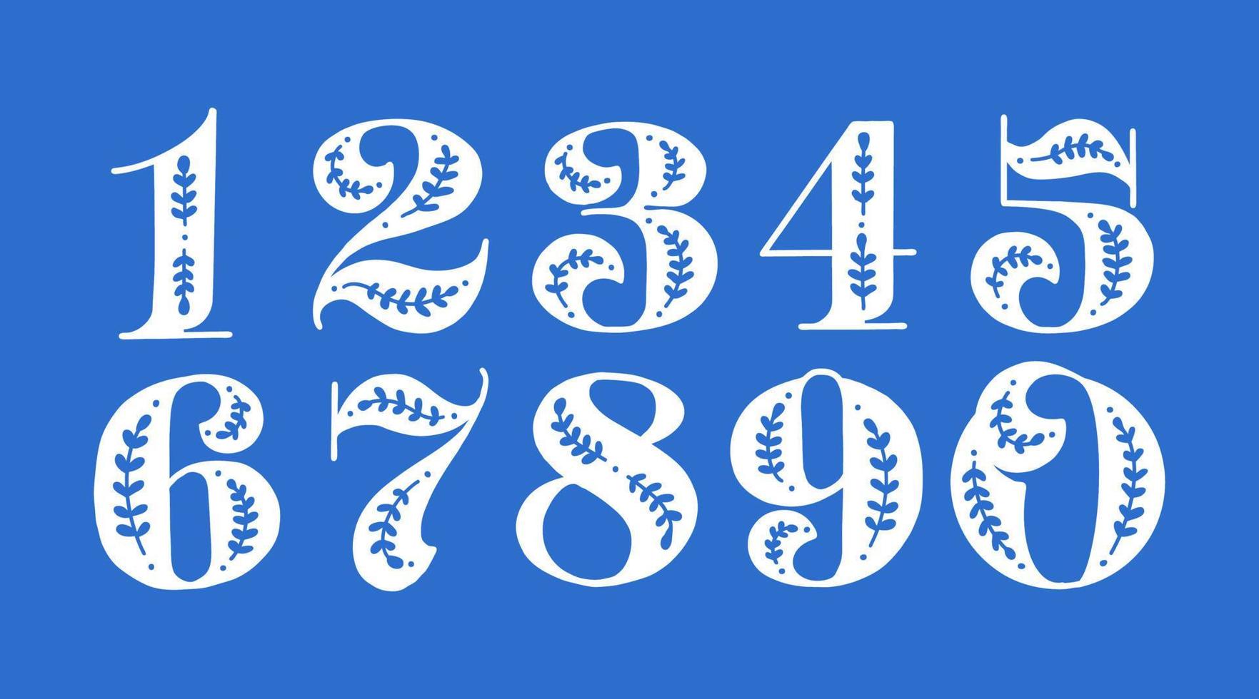 Folklore-Reihe von Zahlen und Zahlen im skandinavischen Stil. Volksmuster auf blauem Hintergrund. Schriftart für Mathematik, Algebra und Taschenrechner vektor