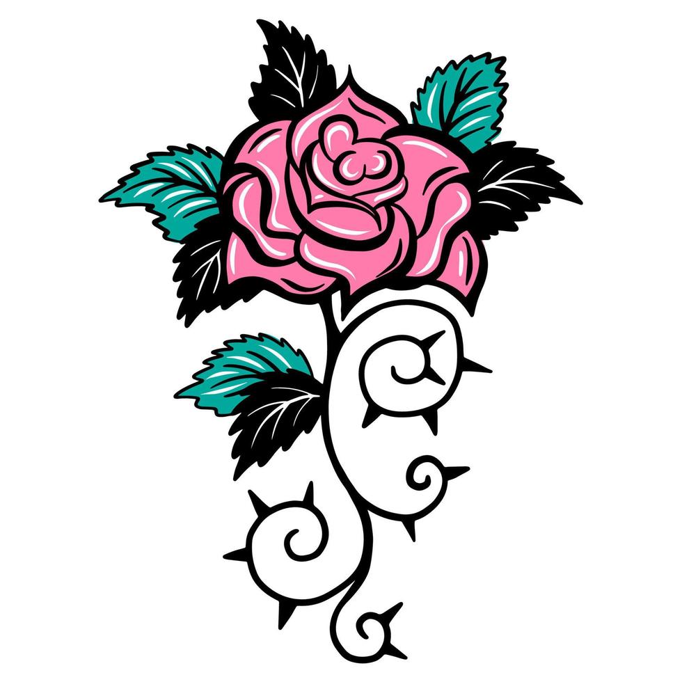 Skizze einer Rose mit Dornen. Tattoo im Stil der 90er, 2000er Jahre. Temporäre übertragbare Tätowierung für Mädchen und Kinder vektor