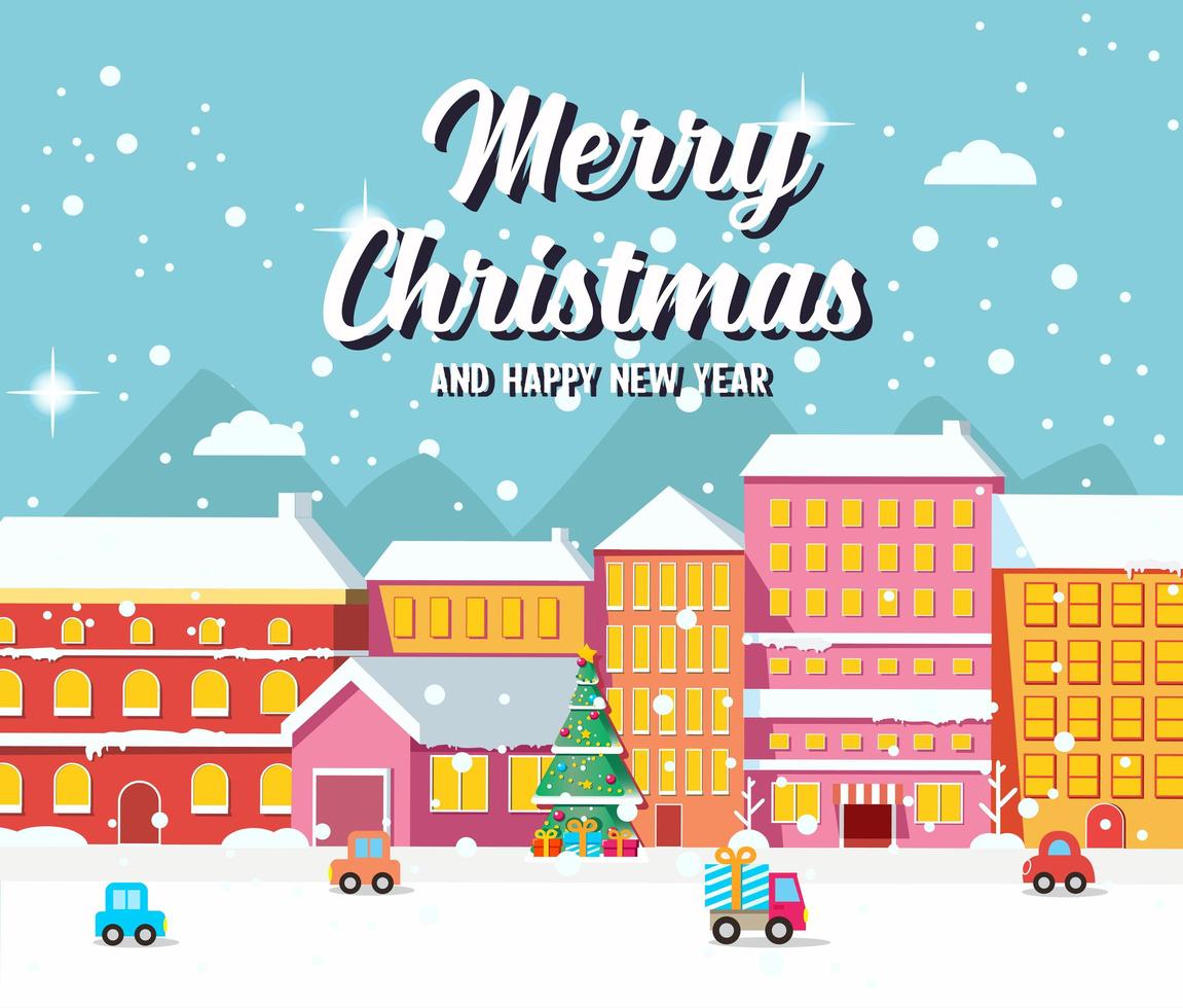 Weihnachtsstadtbild mit Fahrzeugen und geschmücktem Baum vektor