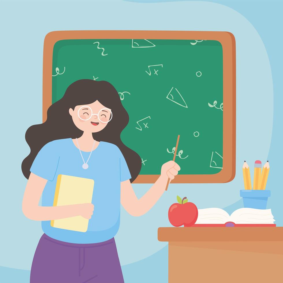 lärare med papper, bok, äpple och pennor vektor
