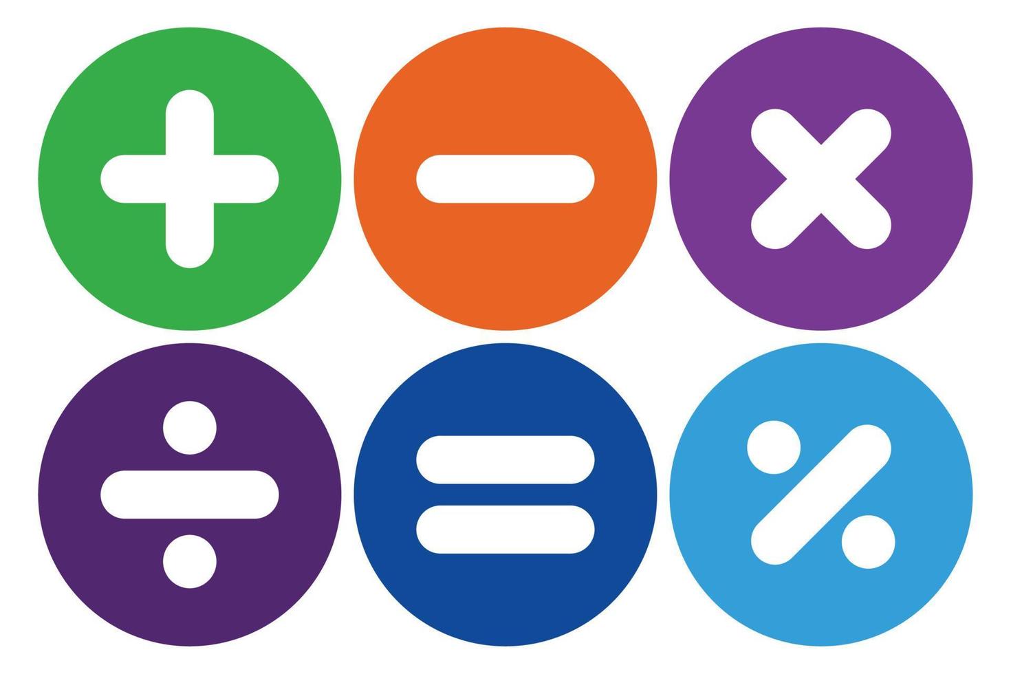 Symbole für Addition, Subtraktion, Multiplikation, Division, Gleichheit und Prozent. mathematische Symbole, die für die Verwendung mit Symbolen für Taschenrechneranwendungen geeignet sind, oder Symbole, die ein mathematisches Zeichen erfordern vektor