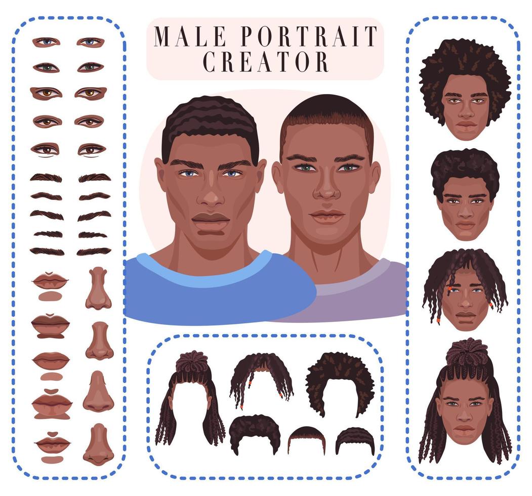 männlicher Gesichtskonstrukteur. Generator für realistische Porträts. hübscher afrikanischer Mann Avatar-Ersteller mit detaillierten Augen, Nase, Lippen und verschiedenen Frisuren. vektor