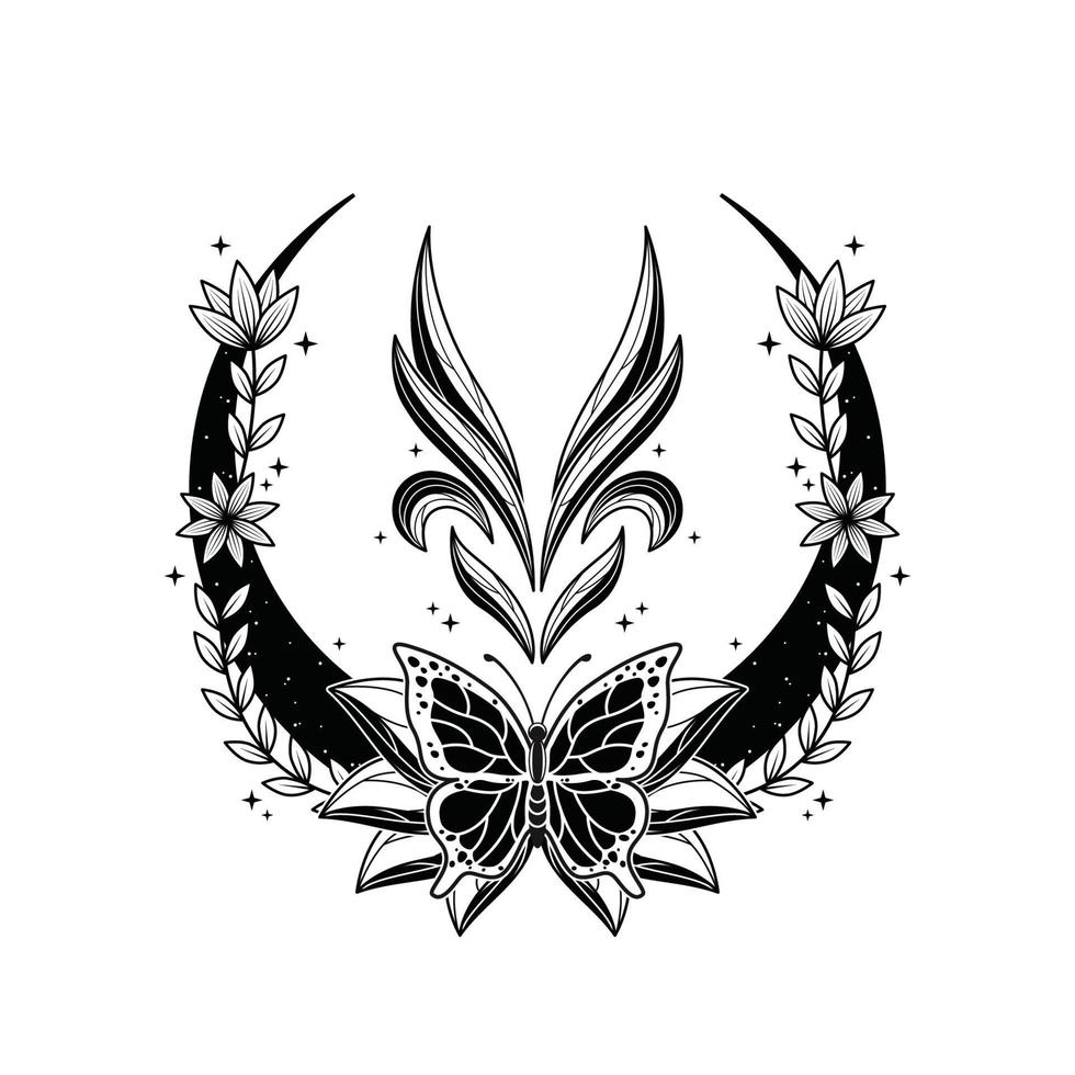 monochromes Blumenschmetterlings-Logo-Design für Tattoo-Unternehmen oder Unternehmen vektor