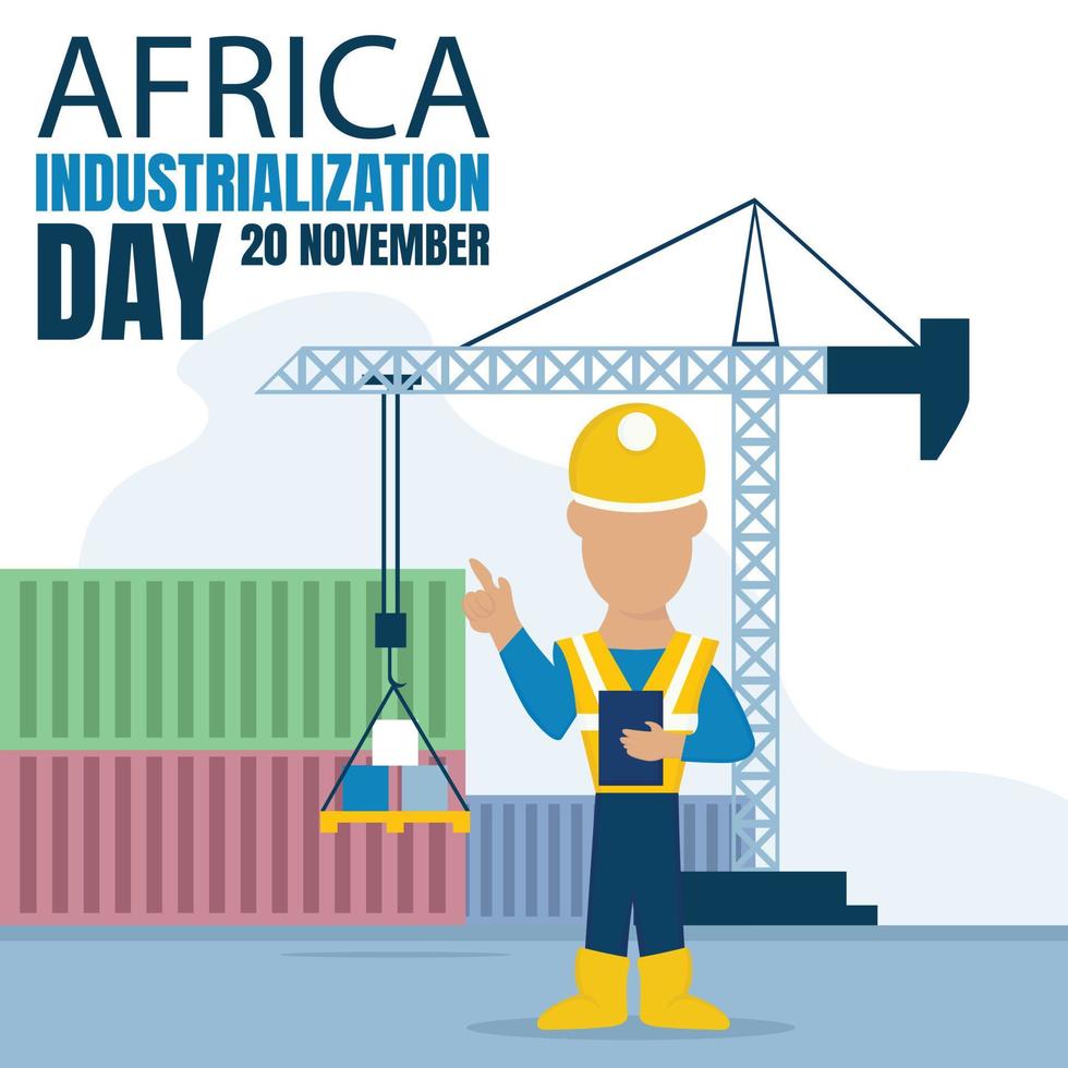 Illustrationsvektorgrafik des Projektarbeiters im Feldabschnitt, der eine Notiz hält und Container- und Kranhintergrund zeigt, perfekt für den internationalen Tag, Afrika-Indsutrialisierungstag, feiern. vektor