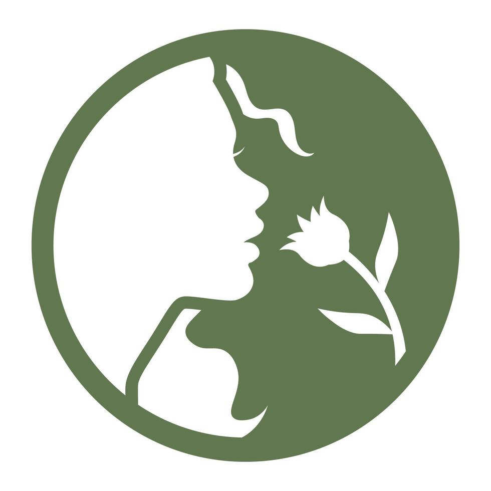 Logo für Bio-, Öko- und Naturprodukte. Frauenschattenbild auf grünem Hintergrund. Weibchen mit Blume. Naturkosmetik-Logo. rundes Symbol isoliert auf weiß. attraktive Frau Silhouette Vektor-Illustration. vektor