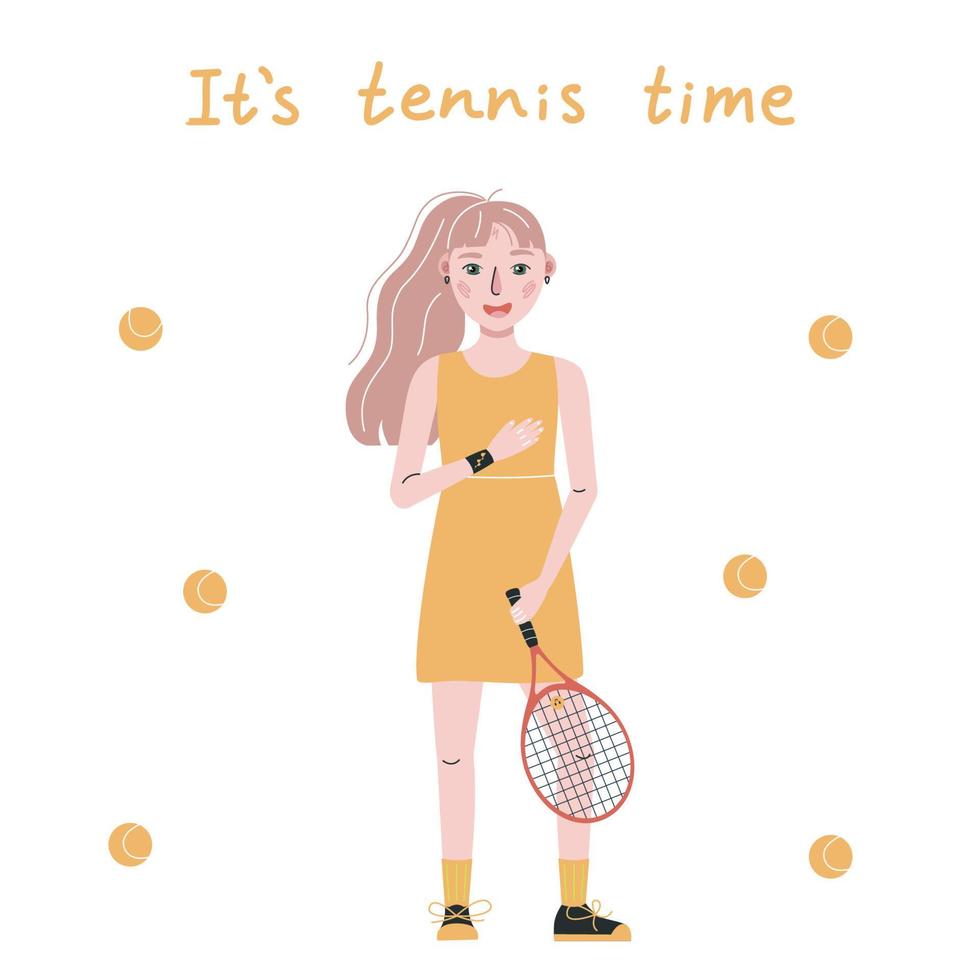 flache vektorillustration im kindlichen stil. handgezeichneter tennisspieler es ist tenniszeit vektor