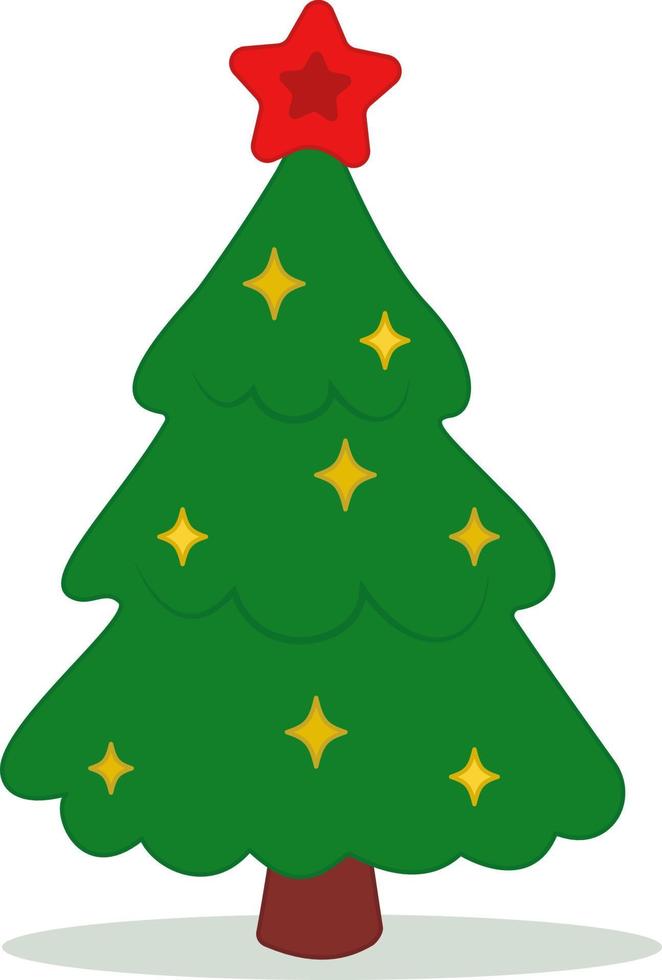 jul träd dekorerad med ljus leksaker och en röd stjärna. jul illustration. enkel vektor illustration markerad på en vit bakgrund fira vinter- högtider.