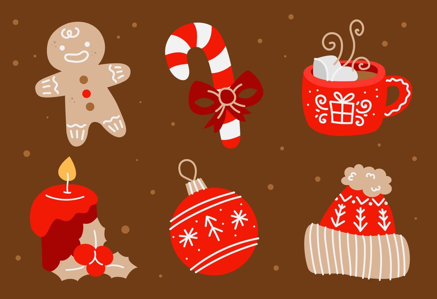 jul och ny år uppsättning med pepparkaka man, ljus, jul dekorationer, kakao och Övrig dekor element. design för grafik, vykort, affischer. vektor illustration.