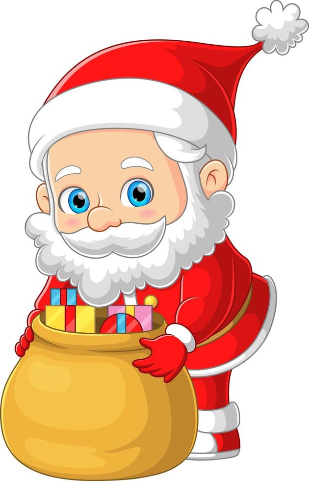 der süße weihnachtsmann bereitet das weihnachtsgeschenk mit dem großen sack für die kinder vor vektor