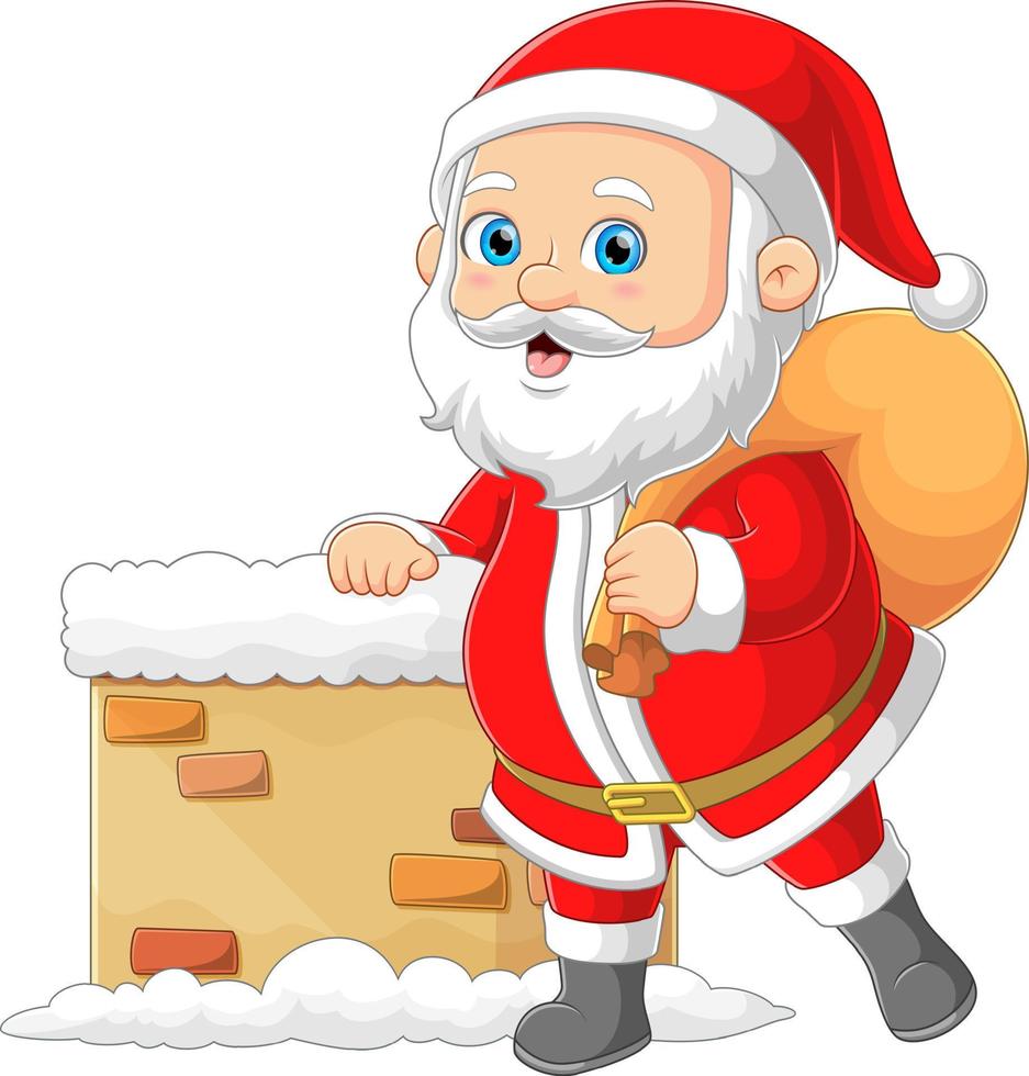 der weihnachtsmann bringt einen kleinen geschenkesack, während er in der nähe des schornsteins posiert vektor