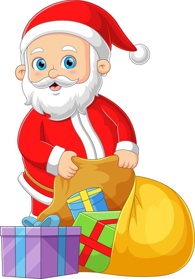 der weihnachtsmann sammelt geschenke im sack, um sie nachts lächelnd mitzunehmen vektor