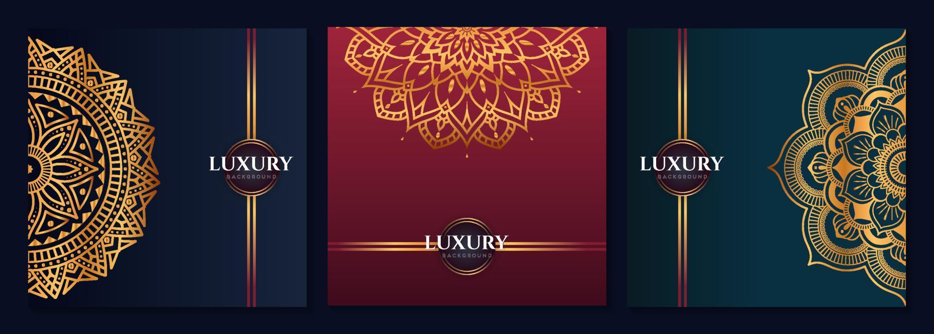 Satz von abstrakten Gold-Luxus-Mandala-Hintergrund-Vektor-Vorlagen, kreisförmige Zier-Arabesken-Muster für Poster, Cover, Broschüre, Flyer. roter, grüner, blauer Hintergrund vektor