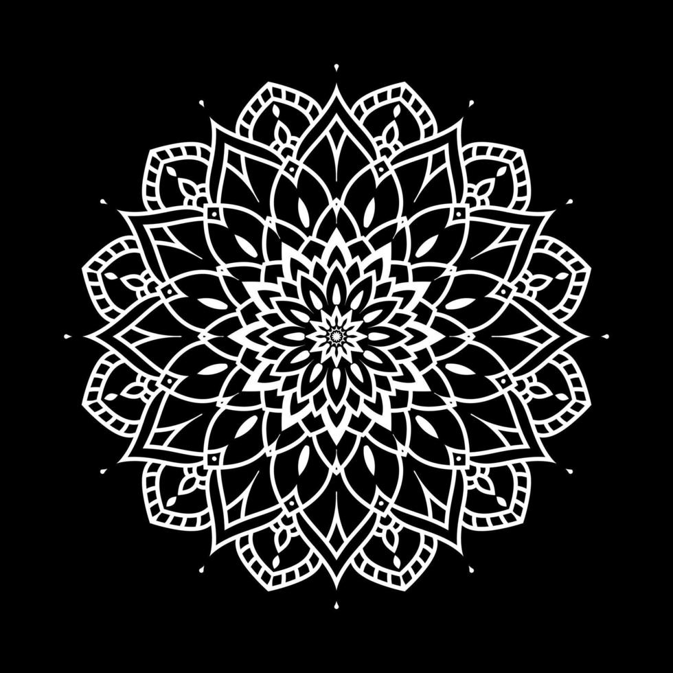 Weißes Mandala auf schwarzer Musterschablone kritzelt Skizze, runde Ornamentmuster für Henna, Mehndi, Tätowierung vektor