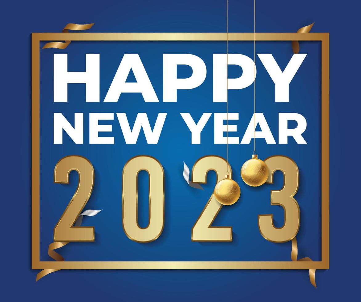Lycklig ny år 2023 typografi med 3d realistisk guld metall text på blå bakgrund, ny år hälsning vykort vektor