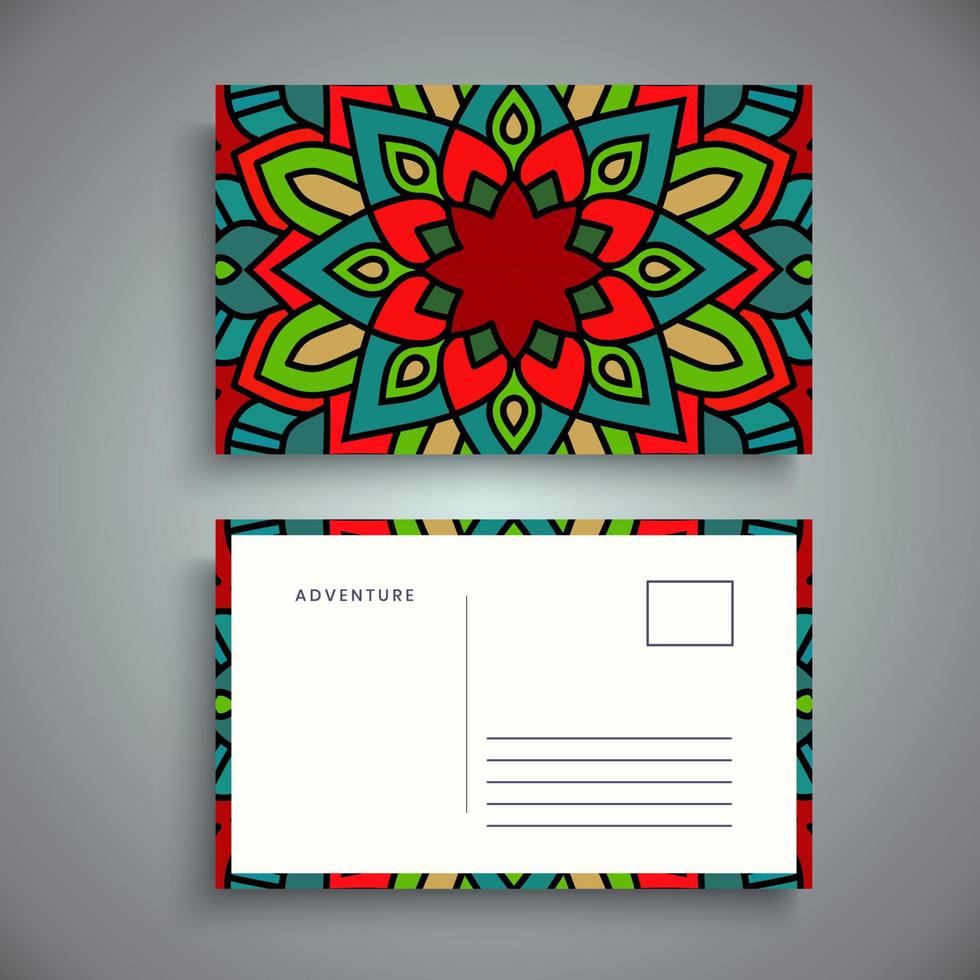 Postkarten-Designvorlage mit arabesken Blumenmandala, hellen floralen Zierelementen, Vektorhintergrundvorlage mit Ziermandala-Musterdesign vektor