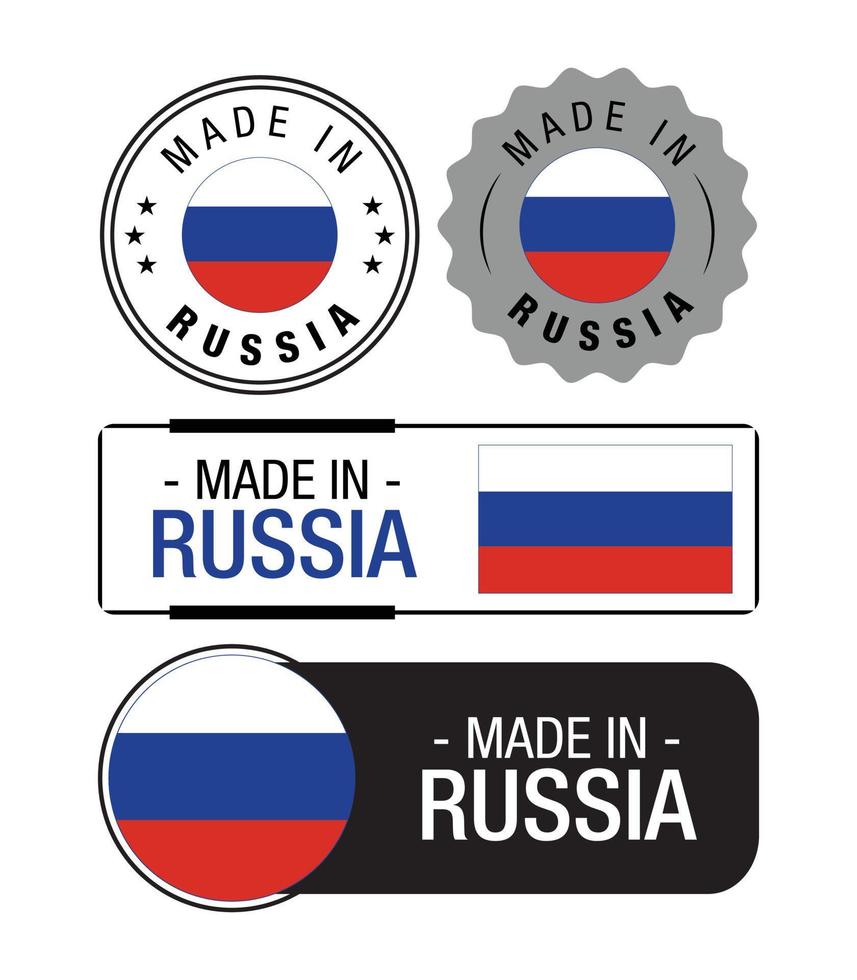 satz von in russland hergestellten etiketten, logo, russlandflagge, russlandproduktemblem vektor