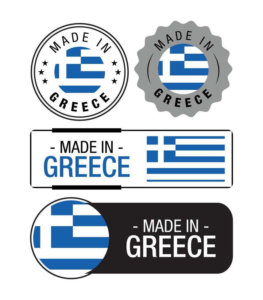 satz von in griechenland hergestellten etiketten, logo, griechische flagge, griechisches produktemblem vektor