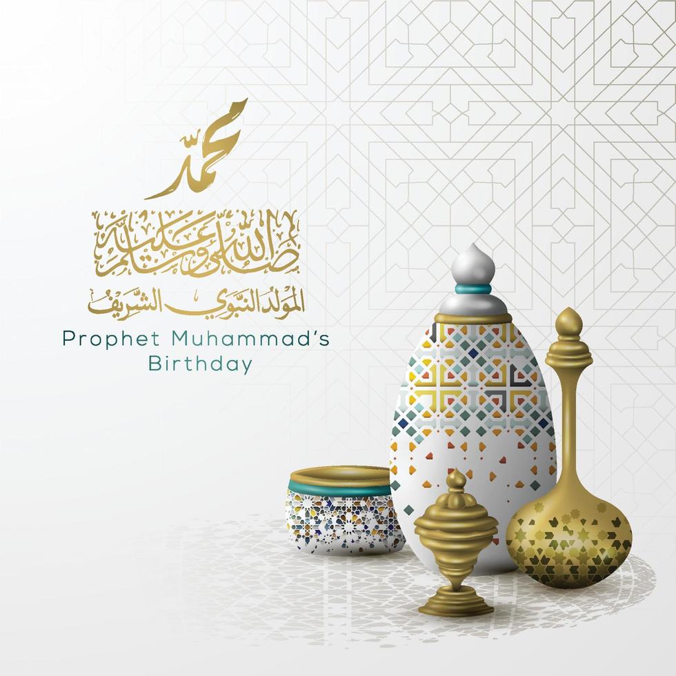 Mawlid al nabi hälsning kort islamic illustration bakgrund vektor design med arabicum kalligrafi, halvmåne och lyktor för bakgrund, kort, baner, tapet, omslag, brosur och dekoration
