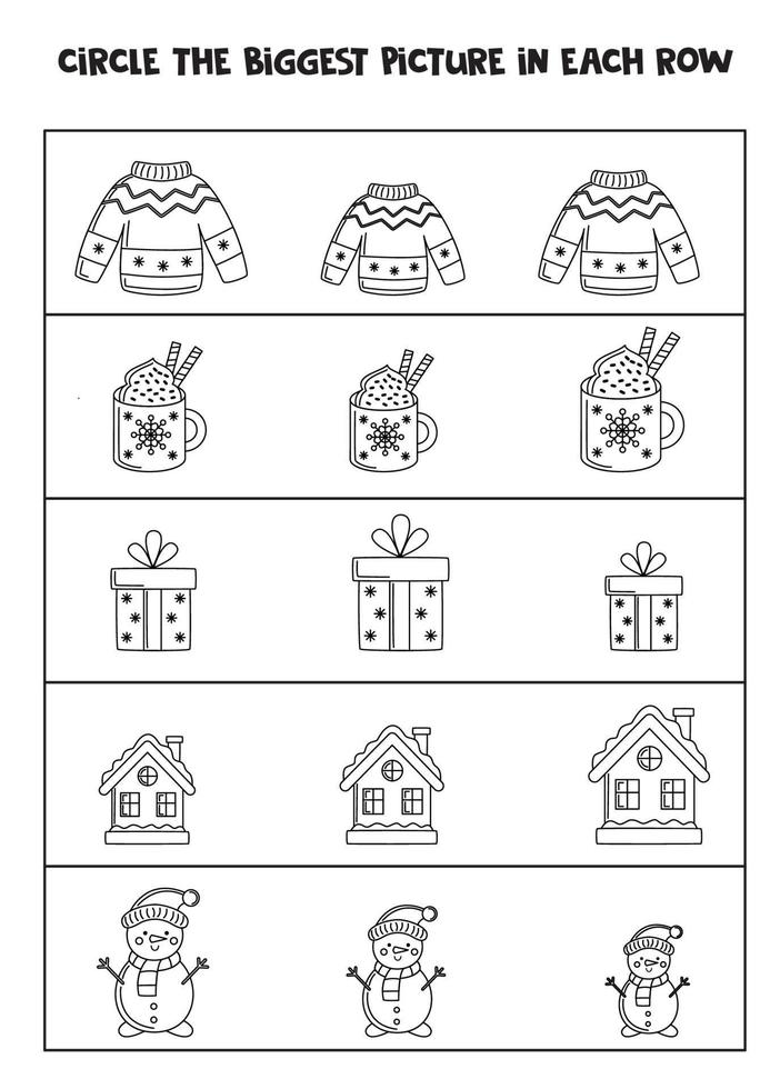 groß oder klein. Finden Sie das größte Bild in jeder Reihe. Schwarz-Weiß-Arbeitsblatt. vektor
