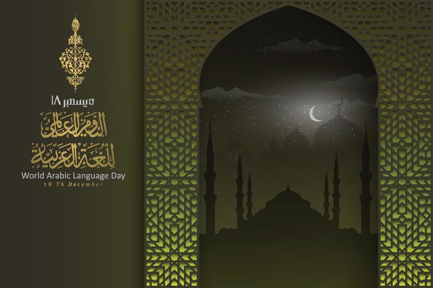 värld arabicum språk dag 18 december bakgrund vektor design med arabicum kalligrafi, blommig patterm och halvmåne för tapet, kort. baner, omslag, brosur och dekoration