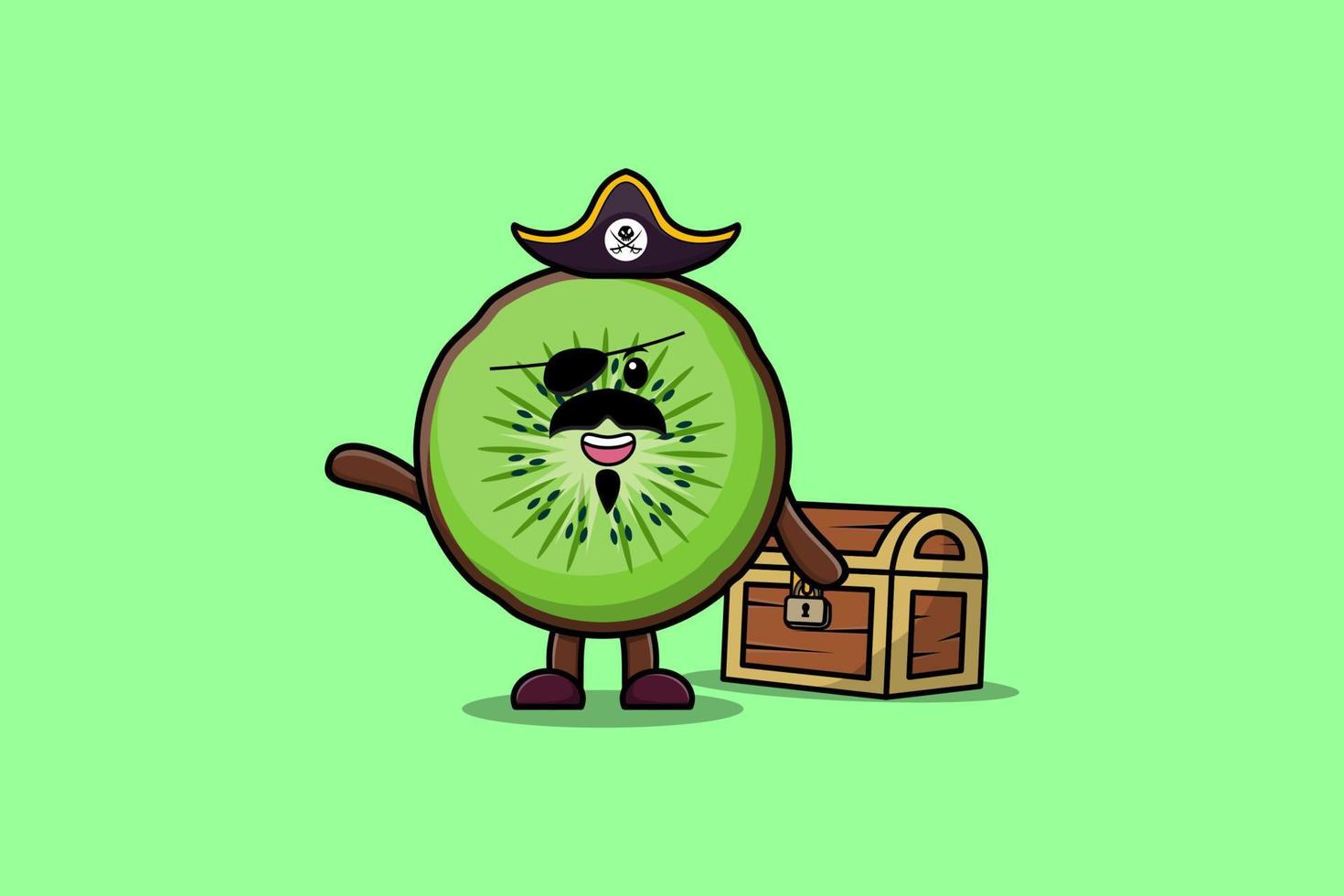 söt tecknad serie kiwi frukt pirat med skatt låda vektor