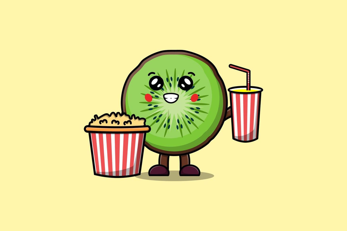 süße Cartoon-Kiwis mit Popcorn und Getränken vektor
