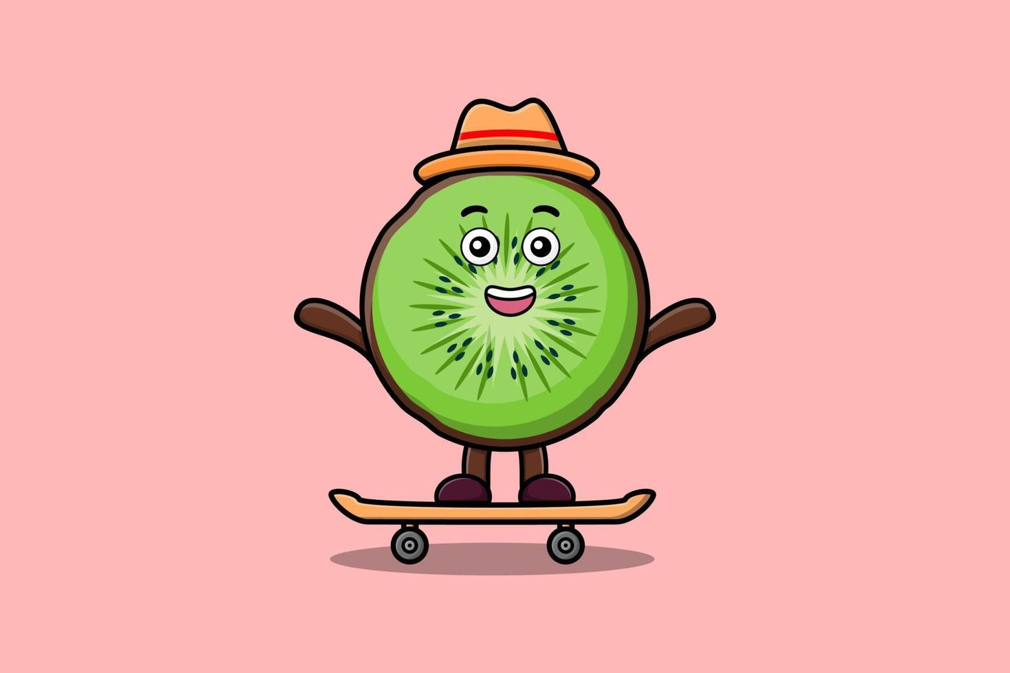 söt tecknad serie kiwi frukt stående på skateboard vektor