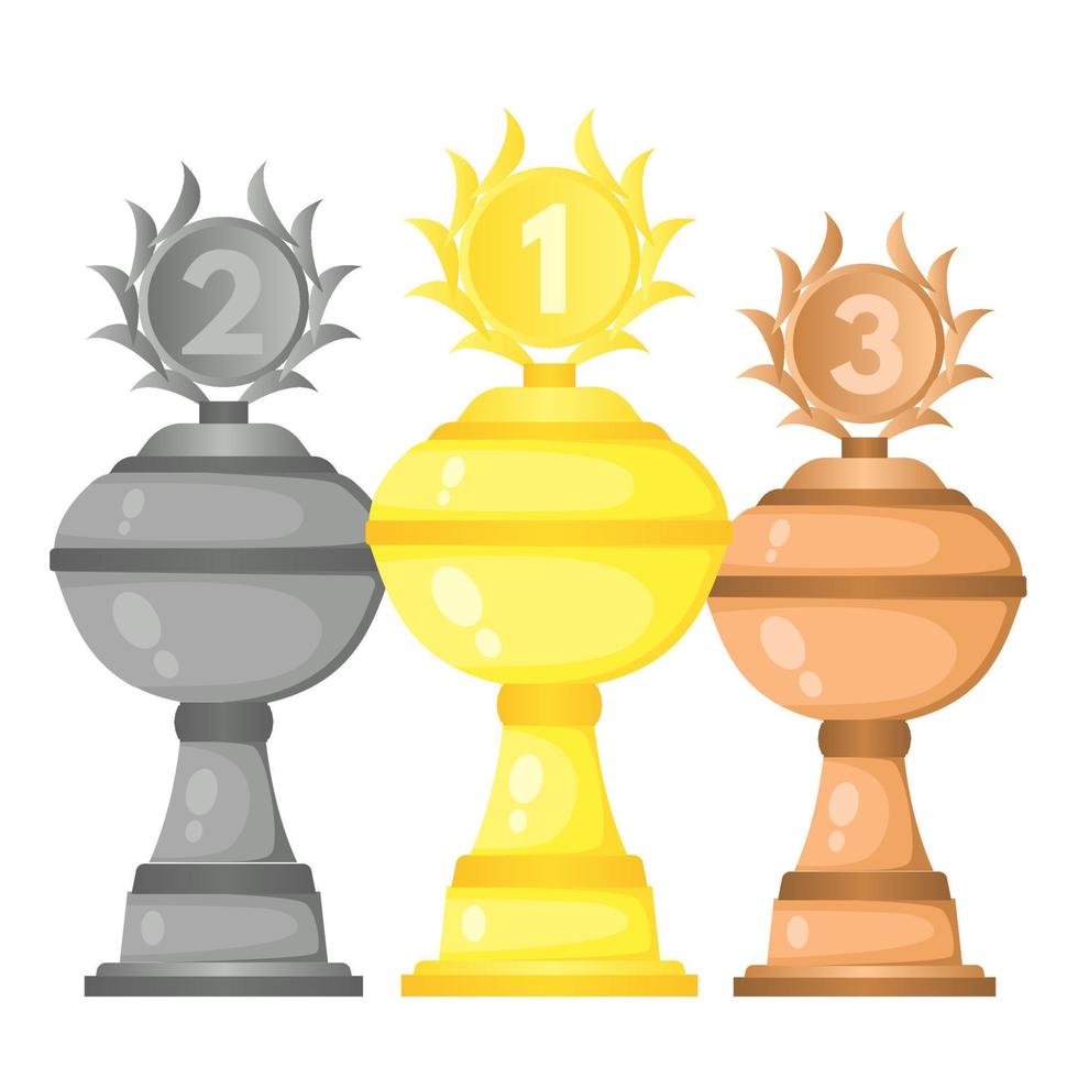 Set von Vektortrophäen-Meisterpokalen in Gold, Silber und Bronze. Meisterschaftspreise für den ersten, zweiten und dritten Platz. Siegessymbole isoliert auf weißem Hintergrund. vektor