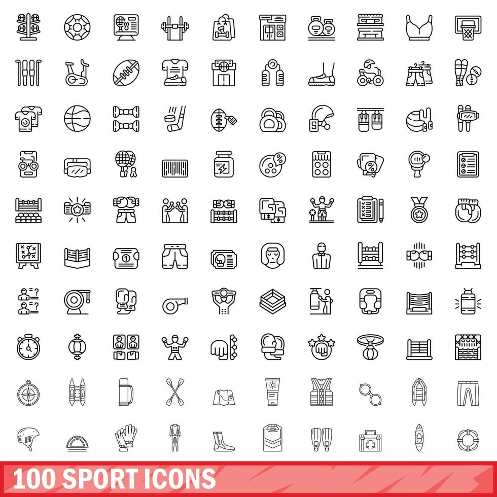 100 sport ikoner set, kontur stil vektor