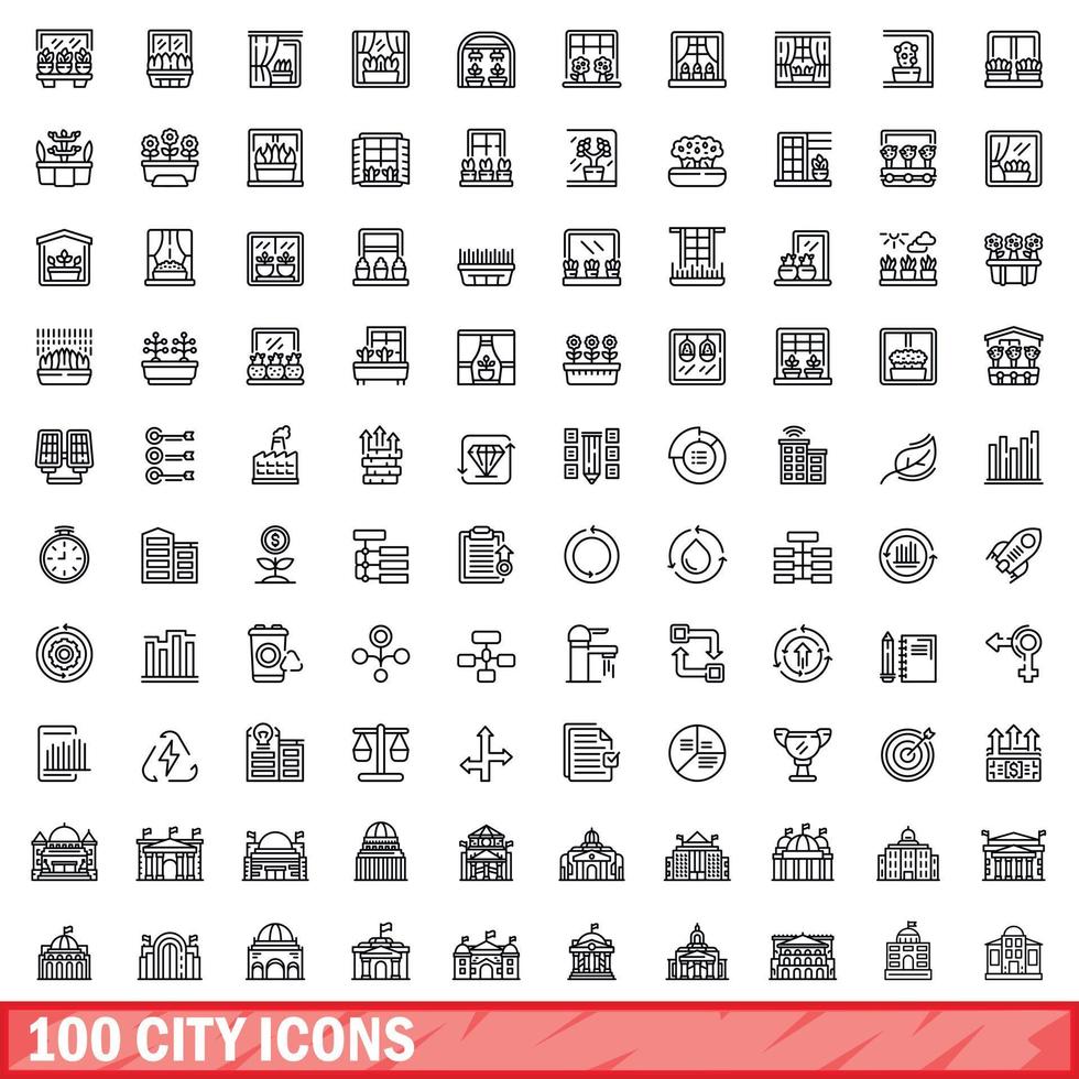 100 Stadtsymbole gesetzt, Umrissstil vektor