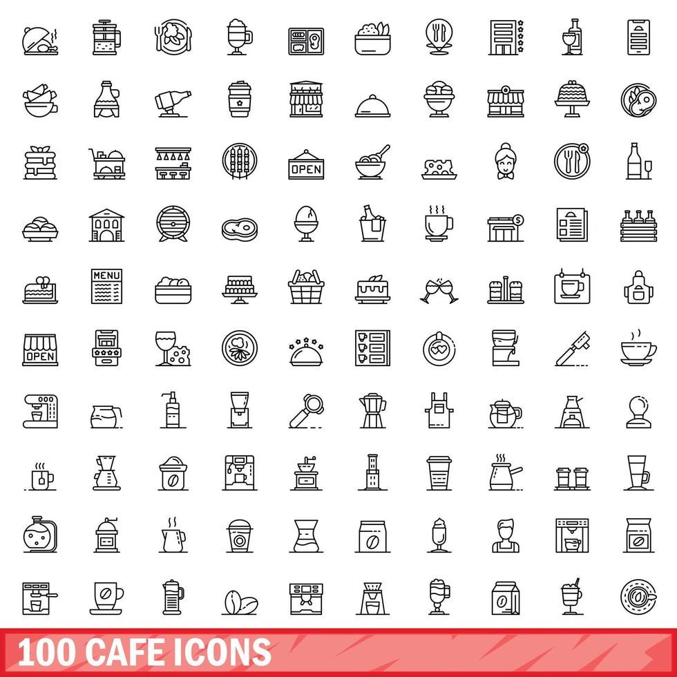 100 Café-Icons gesetzt, Umrissstil vektor