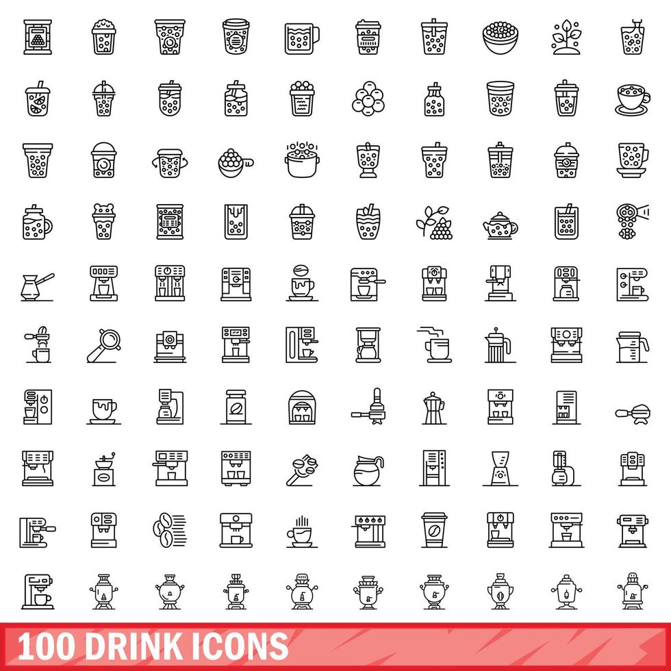 100 drinkikoner set, konturstil vektor