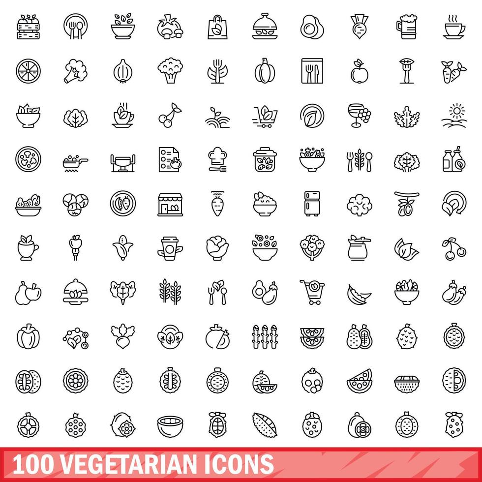 100 vegetariska ikoner set, konturstil vektor