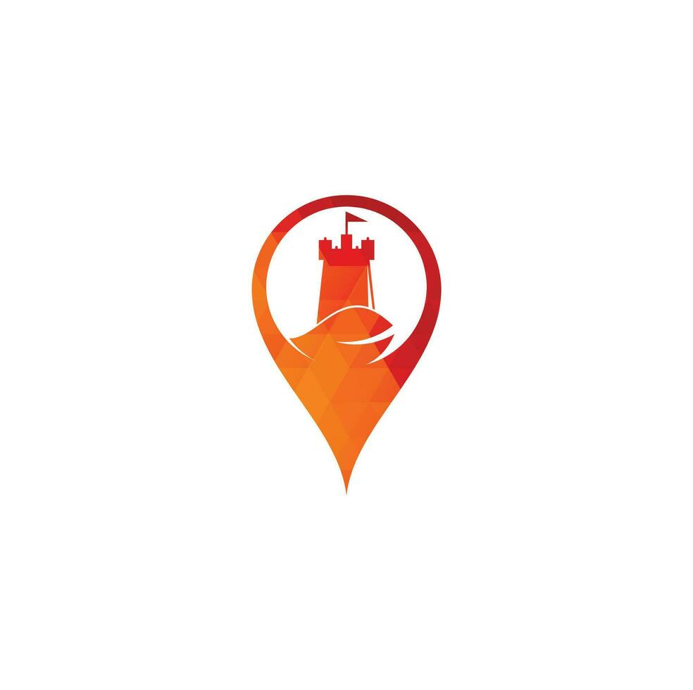Schloss und Blatt Karte Pin Form Konzept Logo-Design. Turm und Öko-Symbol oder Symbol. Naturschloss-Logo entwirft Konzeptvektor vektor